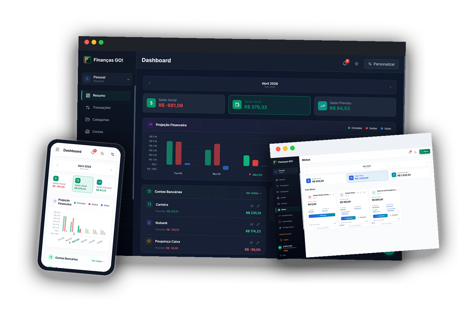 Mockup do Finanças GO com dashboard dark em destaque, celular e tela light sobrepostos